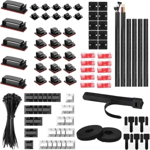 188 PCS Cable Tidy Sleeves Kit, 6 Cable Sleeves, 50 Cable Clips,2 Self Adhesive Rolls, 20 Fastening Tapes,10 Zip Ties Mounts, 100 Cable Ties,Cable Management Kit & Cord Organizer for Desk, TV, Office