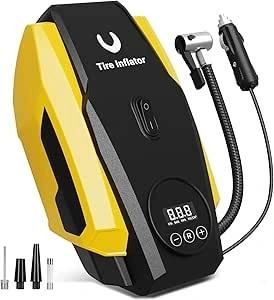 Powools Tyre Inflator Portable Air Compressor - Air Pump for Car Tyres - 12V DC Compact Tyre Pump with Auto Shutoff Function - Multipurpose Car Accessory with LED Light, Yellow, Medium