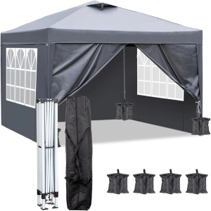 Outopee 3m x 3m Ez Pop Up Canopy Tent with 4 SideWalls, 4 Sandbags, Outdoor Gazebo Portable Instant Canopy for Commercial Events, Party, Backyard BBQ, Camping, Grey