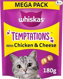 WHISKAS Temptations - Tasty, Crunchy Treats for Adult Cats, Small Bite Size Snacks with a Delicious Chicken and Cheese Filling, 4 x 180 g Packets - Pack May Vary