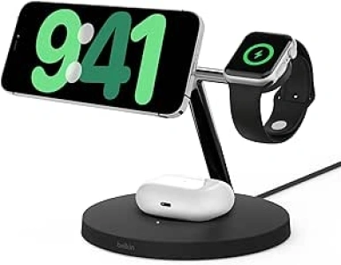 Belkin BoostCharge Pro 3-in-1 Wireless Charger with Qi2 for iPhone 16, 15, 14, 13 and 12 + Apple Watch + AirPods (Magnetically Charges iPhone 16, 15, 14, 13 and 12 Models up to 15W) - Black