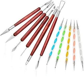 Anpro Clay Sculpting Tool Set with Dotting Pens, 11 PCS Polymer Clay Sculpting Tools Kit with Wooden Handle, Double Side Pottery Tools for Embossing, Stainless Steel Carving Ceramics Tools