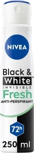 NIVEA Black & White Fresh Anti-Perspirant Spray (250ml), 72hr Anti-Sweat Women's Deodorant Spray, No Stains on Black and White Clothes