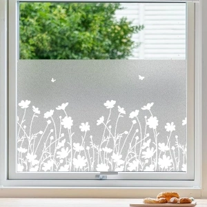 Linarun Frosted Window Film Privacy Film for Glass Windows Tint Opaque Window Film Flower patterned Window Frosting Film with No Glue Privacy Window Films for bathroom, office, kitchen 44.5x200 cm