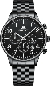 MEGALITH Designer Mens Watches Chronograph Analogue Quartz Waterproof Men's Silver Watches with Stainless Steel Gents Wrist Watches with Date Calendar for Gift