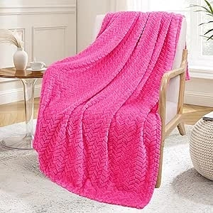 Exclusivo Mezcla Large Flannel Fleece Throw Blanket, 127x178 CM Sofa Throws, Soft Jacquard Weave Leaves Pattern Throws for Sofa, Hot Pink Blanket