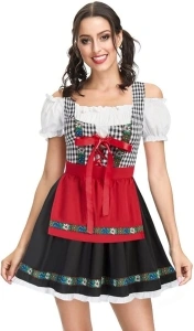 Kate Kasin Women 2pcs Set German Bavarian Oktoberfest Costumes Cold Shoulder Dress Apron KKH02092