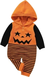 DovFanny Newborn Infant Baby Halloween Romper Long Sleeve Sweater Hooded Pumpkin Jumpsuit One-Piece Outfit for Boy Girl Costume Party