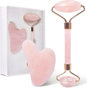 GUGUG Jade Roller and Gua Sha Set, Rose Quartz Roller with Guasha Stone, Face Roller for Women, Massage Tool for Face, Neck and Body Muscle Relaxing, Pink