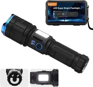 ERAY LED Super Bright Torch, USB Rechargeable Waterproof Tactical Flashlight 7 Modes High Lumens Powerful Flashlights, Zoomable Torches with Power Display & USB Output for Emergency Hiking Camping