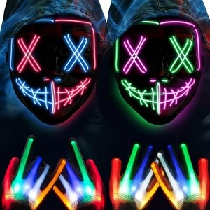 HOPOCO Halloween Mask Skeleton Gloves Set, LED Purge Mask for Festival, Cosplay, Halloween Costume, Masquerade Parties, Carnival, Anonymous Light Up Mask