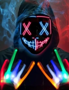 HOPOCO Halloween Mask Skeleton Gloves Set, LED Purge Mask for Festival, Cosplay, Halloween Costume, Masquerade Parties, Carnival, Anonymous Light Up Mask