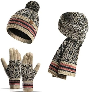 Visioelo Women's Bobble Hat Scarf and Gloves Set Touch-screen Gloves Scarf set of three Soft Warm Winter Knitted Snowflake Pattern Retro Pom Cap Set for Ladies Men