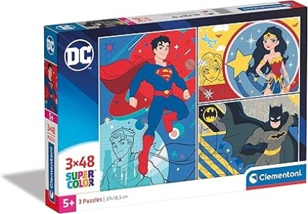 Clementoni 25272 DC Comics 3x48pzs Supercolor Justice League-3 X 48-Piece Jigsaw Puzzle for Kids Age 4, Multicolor, Medium