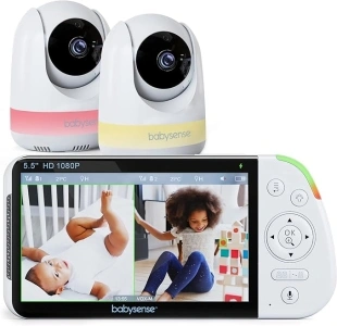 Babysense 5.5” 1080p Full HD Split-Screen Baby Monitor, Video Baby Monitor with Camera and Audio, Two PTZ Cameras, RGB Night Light, 300m Range, Two-Way Audio, 4x Zoom, 5000mAh Battery