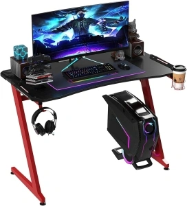 HOMCOM 122 x 66 cm Gaming Desk, Carbon Fibre Covered Computer Desk, Gamer Workstation with Headphone Hook, Cup Holder and Gamepad Storage Rack, Black and Red