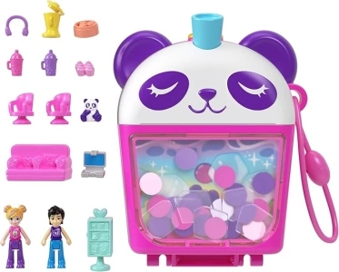 Polly Pocket Dolls and Playset, Bubble Tea Panda Compact, Animal Toy with 2 Micro Dolls, Pet Panda, Food Accessories