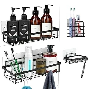 Malajess Shower Caddy[4-Pack], No-Drilling Adhesive Wall Mounted Bathroom Shower Shelf with Soap Holder and Toothbrush Holder, Rustproof Shower Organizer Rack for Bathroom & Kitchen, Black