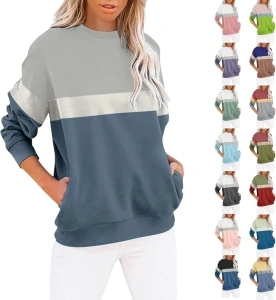 Sweatshirt For Women UK Sale Clearance Women's O Neck Sweatshirt Long Sleeves Pullovers Cute Loose Tops Color Pocket Graphic Girl Sweater Oversized Lightweight Hoodie Fleece Autumn Clothes Jumpers