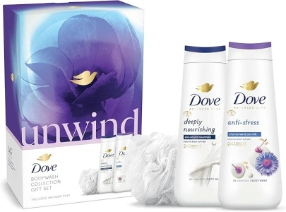 Dove Unwind Bodywash Collection Gift Set with a luxury shower puff perfect gifts for her 2 piece