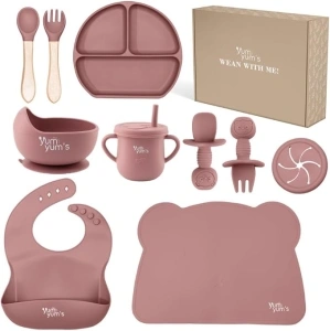 Yum Yum's Baby Weaning Set – Includes Toddler Water Bottle, Cups, Bowl, Spoon, Fork, Baby Plate & More - Baby Feeding Set & Baby Gifts & Present - 10 Pieces (Pink)