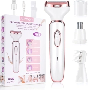 ACWOO Cordless 4 in 1 Electric Lady Shaver for Women, Rechargeable Painless Razor Bikini Trimmer Wet and Dry Hair Removal for Face Legs Underarm Nose and Eyebrow