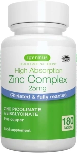 High Absorption Zinc Picolinate & Bisglycinate 25mg with Copper, 6 Month Supply 180 Tablets, Clean Label Supplement for Immune, Skin and Cellular Health, Chelated Forms, Vegan, One-a-Day, by Igennus