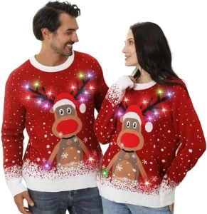 DDKJ Christmas Jumpers for Women Men UK,Light Up Christmas Jumper,Unisex Funny Cute Red Reindeer LED Lights Flashing Ugly Christmas Sweater,Best Festive Stitch Rude Matching Xmas Sweaters for Couples