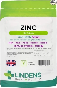 Lindens Zinc Citrate 50mg - 100 Vegan Tablets - Immune Function, Fertility, Healthy Bones, Vision, Hair, Nails and Skin - Made in The UK | (3+ Months Supply) | Letterbox Friendly