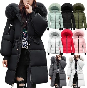 Winter Long-lenght Puffer Coats Women's Quilted Down Jacket Ladies Lightweight Waterproof Jackets with Fur Hood Plus Size Slim Trench Coat Long Sleeve Warm Outwear Outdoor Hiking Costumes UK