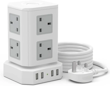 Tower Extension Lead with USB Slots, Multi Plug Extension Cords Socket Extension Cable with 4 USB Ports and 8 Way Outlets,13A 3250W Extension Lead Surge Protection Power Strip Power Tower