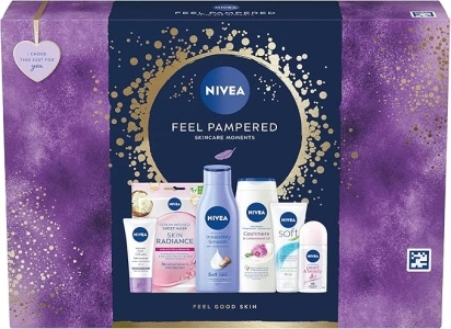 NIVEA Feel Pampered Skincare Gift Set (6 Products), Women's Gift Set Includes Shower Cream, Anti-Perspirant, Body Lotion, Soothing Day Cream SPF15, Soft Moisturising Cream and Face Sheet Mask