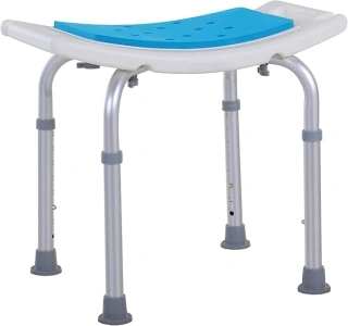 HOMCOM 6-Level Height Adjustable Aluminium Bath Room Stool Chair Shower Non-Slip Design w/Padded Seat Drainage Holes Foot Pad, Blue