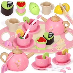 Wooden Tea Set for Toddlers, Kids Tea Set Toys for 2 3 4 5 Year Old Girls Gifts, Montessori Wooden Toddler Toys, Kids Tea Party Set with Play Dessert Tray Teapot