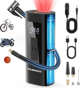 YOUNGDO Portable Air Compressor, 6000mAh Rechargeable Tire Inflator, 150PSI Fast Fill Digital Tire Inflator with 4 Nozzles for Cars, Motorcycles, Bicycles and Balls