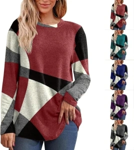 Yinguo Jumpers for Women UK, 2024 Autumn Winter Fleece Tops Ladies Casual Long Sleeve Crewneck Pctchwork Printed Pullover Trendy Geometric Print Blouse Ladies Elegant Color Block Sweater