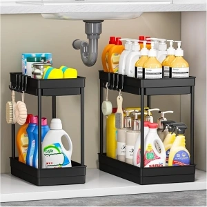 TidyTrove 2 Pack Under Sink Storage - Kitchen Storage and Organisation, 2 Tier Kitchen Storage Under Sink Shelf, Multi-Purpose Organisation for Kitchen Bathroom,Black