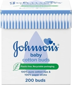 Johnson's Baby Cotton Buds (1 x Pack of 200) Soft & Gentle Ear Cotton Buds for Delicate Skin, Made of 100% Pure Cotton and Paper Sticks, Plastic-Free Cotton Buds to Clean Delicate Areas, around Eyes and Outer Ear