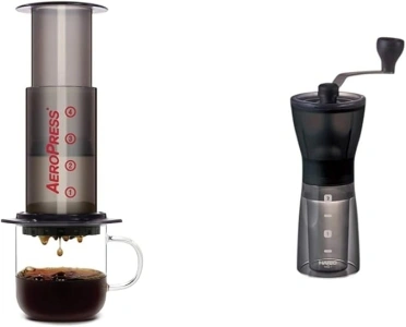 AeroPress Coffee and Espresso Maker - Quickly Makes Delicious Coffee Without Bitterness & Hario, Transparent Black Mini Mill PLUS | Compact & Adjustable Hand Coffee Grinder With Ceramic Burrs, Plastic