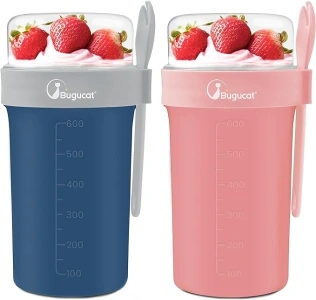 Bugucat Overnight Oats Jars 2 Set, Overnight Oats Container with Lid and Spoon, Leak-Proof yoghurt Cup＆Cereal Cup with Measurement Marks, Salad Storage Container for Milk Cereal Fruit, Blue ＆ Pink