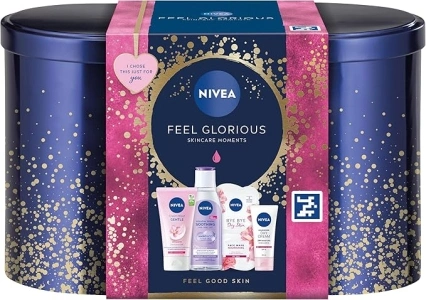 NIVEA Feel Glorious Gift Set (5 Products), Women's Gift Set with Beauty Products, Includes Micellar Water, Face Mask, Day Cream, Cream Wash, with Stylish Oval Tin