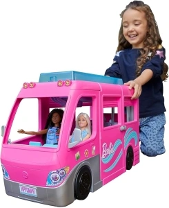 Barbie Dream Camper, Pink Camper with 7 Play Areas, 60 Toy Accessories, 2 Puppies, Pool and 80 cm Slide, Toys for Ages 3 and Up, One Barbie Camper, HCD46