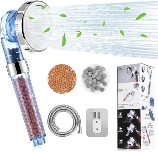 FYY Shower Head - High-Pressure Ionic Shower Head with a Hose and Base, 3 Mode Adjustable Filter Spray Shower Head Containing Purifying Filtration Mineral Stone Beads for Home, Hotel and Gym Use Blue