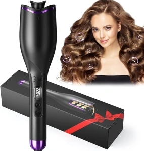 Ushine Hair Curler Automatic Rotating 360°,Fast Heating Ceramic Barrel Curling Wand for Long/Short Hair, Anti-scalding Hair Curling Tongs Negative Ion Curling Iron with 4 Temps & LED Display & Timer