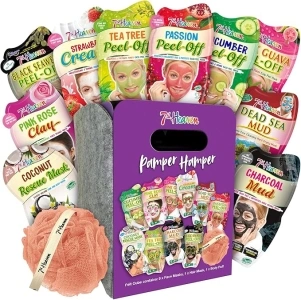 7th Heaven Pamper Hamper Skincare Set - 9 x Face Masks Skincare, 1 x Hair Masks for Dry Damaged Hair and 1 x Body Puff - Gift Set of Peel Off Face Masks & Clay Face Mask Sachets