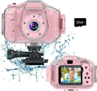 Kids Waterproof Camera, Christmas Birthday Gifts for Boys Girls Age 3-9, Children HD Digital Video Cameras, Portable Toy Child Underwater Camera 2 Inch Screen with 32GB Card (Pink)