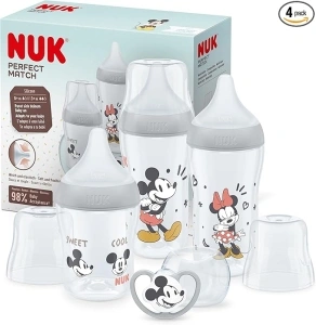 NUK Perfect Match Baby Bottles Set | 0-6+ Months | Adapts to Baby's Palate | 3 x Anti Colic Baby Bottles & Space Soother | BPA-Free | Disney Mickey Mouse | 4 Count