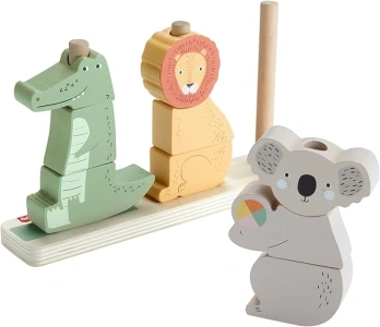 Fisher-Price Baby & Toddler Toy Wooden Stack & Sort Animals, 10 Wood Pieces for Developmental Play Ages 1+ Years, HXV04