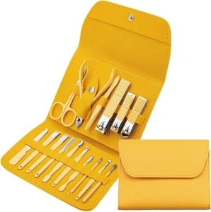 Manicure Set for Women, 16 Pcs Professional Pedicure Tools Nail Scissors, Versatile Nail Care Kit with Leather Case, Nail Kit Manicure Set for Men Women (Yellow)