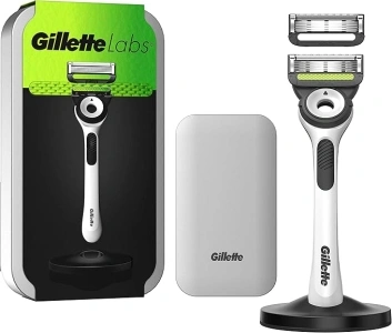 Gillette Labs Men's White Razor with Exfoliating Bar, 1 Handle + 2 Blade Refills, Travel Case and Stand